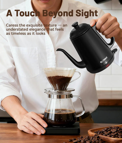 Person using Gooseneck Electric Kettle For Epic Pour Over Coffee And Tea, 1L Stainless Steel Boiler, 1000W Fast Heat, Auto Shut Off