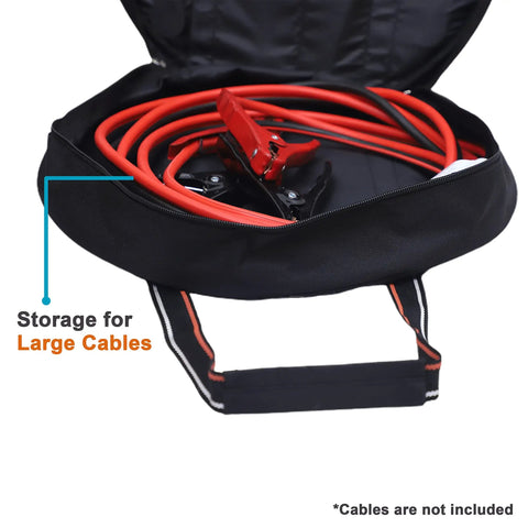 Tough As Nails EV Cable Tote And Jumper Wire Storage Bag Waterproof Ballistic Polyester round organizer with jumper cables inside.