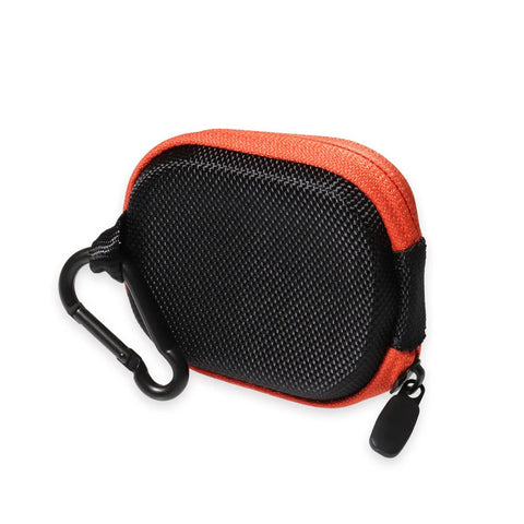 Built Like A Tank Compact Carrying Case For Apexforge Iring Laser Measurement Tool With Mesh Pouch For Cable Storage in orange and black.