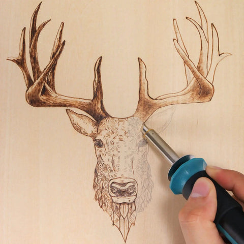 Person using 14 In 1 Wood Burning Kit With Adjustable Temperature Pen Heat Deflector Rubber Grip 10 Tips Two Wood Pieces Flip Up Stand Pro Grade For Woodworking And DIY Pyrography Projects on deer design on wood piece.