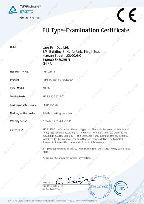 EU Type-Examination Certificate for Ridiculously Durable Dental Laser Safety Glasses Providing No Nonsense Protection For 450Nm 650Nm And 980Nm Diode Lasers While Keeping Your Eyes Completely Safe.