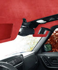Automotive suede headliner fabric with foam backing in red, 85×60 inches, installed in car.
