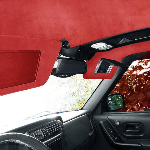Automotive suede headliner fabric with foam backing in red, 85×60 inches, installed in car.