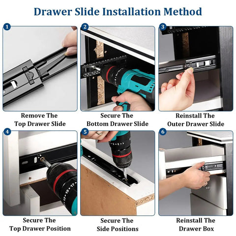 Installation steps for Black Side Mount Drawer Slides 3-Section Full Extension Silent Ball Bearing.