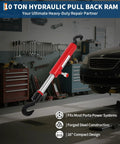 Badass 10 Ton Hydraulic Pull Back Ram For Vehicle Frame Straightening And Collision Body Shop Work With 8100 PSI Carbon Steel Cylinder and hook design in garage setting.