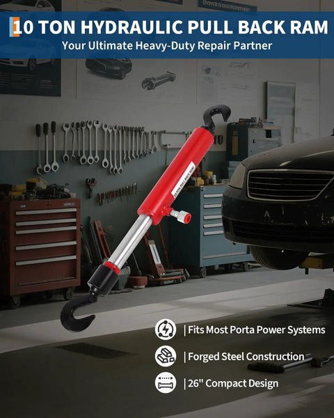 Badass 10 Ton Hydraulic Pull Back Ram For Vehicle Frame Straightening And Collision Body Shop Work With 8100 PSI Carbon Steel Cylinder and hook design in garage setting.