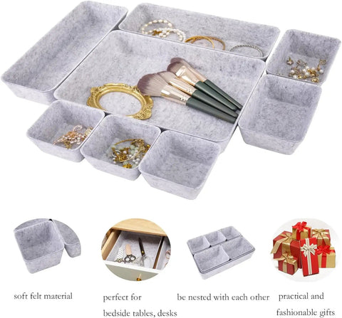 Customizable 8 Pack Felt Drawer Organizer Trays Set For Desk Drawers Shallow Modular Storage Bins For Office Supplies Makeup And Jewelry In Light Gray Mix And Match To Fit Any Drawer Like A Pro displayed with items inside