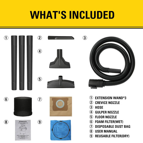 Attachments included with the Beast Of A 5 Gallon Wet Dry Shop Vacuum With 4 Peak HP Motor Stainless Steel Tank Portable Vac.