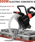 Heavy Duty Workhorse 12000W Electric Wall Chaser With Brushless Pure Copper Motor And Two 16 Inch Diamond Blades For Wet Concrete Cutting And Brick Slotting cutting through concrete blocks with water spray.