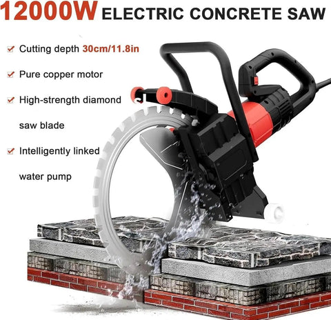 Heavy Duty Workhorse 12000W Electric Wall Chaser With Brushless Pure Copper Motor And Two 16 Inch Diamond Blades For Wet Concrete Cutting And Brick Slotting cutting through concrete blocks with water spray.