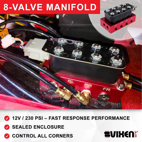 Built Tough 12V Air Suspension Manifold Kit With 8 Red Solenoid Valves And 7 Switch Wired Remote Kick It Down Control For Custom Truck Stance And Four Bag Air Rides, showing 8-valve manifold with sealed enclosure.