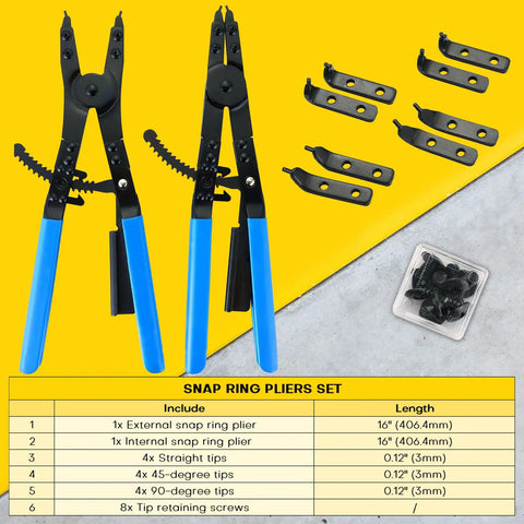 16 Inch Snap Ring Pliers Set For Internal And External Circlips With Heavy Duty Steel Construction And Interchangeable Tips