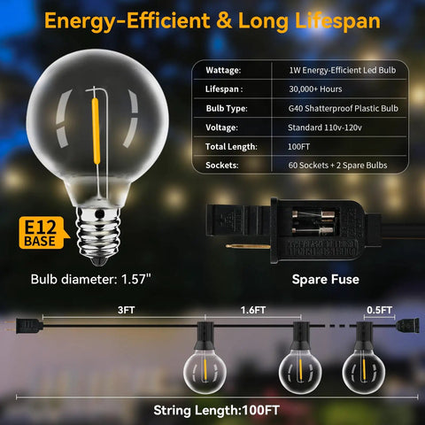 Diagram showing details of Lit 100 Ft Outdoor String Lights Waterproof Connectable Dimmable With 62 LED Shatterproof Bulbs G40 Globe