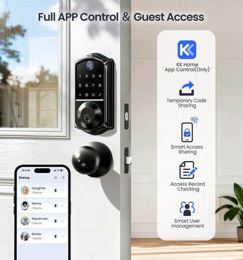 Top Shelf Keyless Entry Smart Door Lock With Lightning Quick Fingerprint Scanning And Smooth App Pairing featuring app control and heavy duty knob.