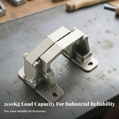 Heavy Duty Concealed Door Hinge For Cabinets And Fire Doors Built Tough With Reinforced Steel. Close-up view on steel hinge.