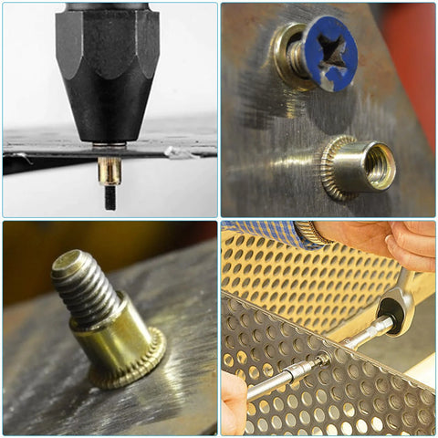 M5 zinc-plated carbon steel rivet nuts (flat-head); 100 pcs, shown with installation tool and installed in metal sheet.