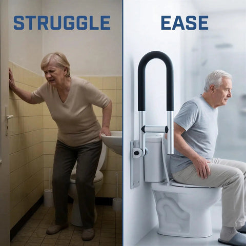 Left image shows a woman struggling to use a toilet; right image features a senior using the Heavy Duty Flip Up Toilet Safety Rail And Wall Mount Grab Bar Crafted From Heavy Aluminum With Sure Grip Design.