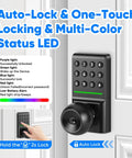 Game Changer Keyless Entry Deadbolt Door Lock with Sleek Knobs Supports Password and Physical Key Unlocks Zero App Required, showing LED indicators and keypad.