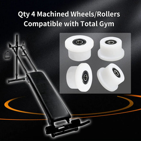 Sick Smooth Ride Machined Roller Replacement For Total Gym Home Workout Equipment Parts Bearing Upgrade Kit Compatible With Exercise Machines And Premium Household Fitness Gear, set of 4 white rollers shown with gym equipment.