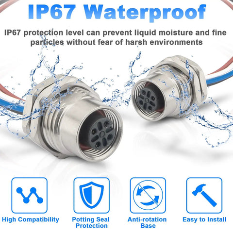 IP67 Waterproof M12 4 Pin A Coded Female Bulkhead Connector Cable 0.2M 2 Pack for rugged environments with water resistant design