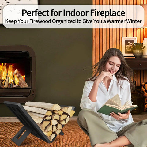 Indoor Outdoor Firewood Rack Portable Wood Log Holder Built From Black Steel beside a lit indoor fireplace with woman reading