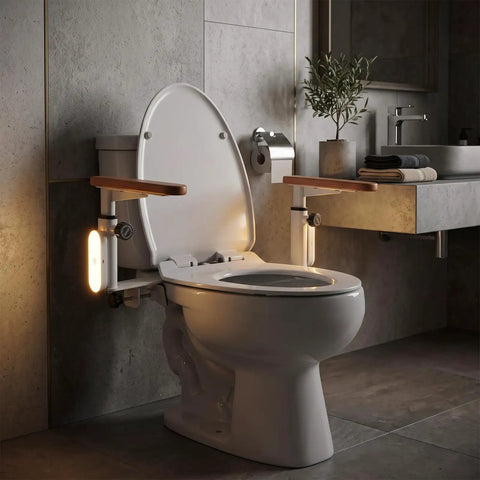 Top Shelf Heavy Duty Adjustable Toilet Safety Rails Built Tough With Rock Solid Steel Frame For Seniors Recovering From Surgery, mounted on a modern toilet.