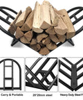 Foldable Firewood Rack For Indoor And Outdoor Use Heavy Duty Metal Wood Holder with logs, showing sturdy black steel frame