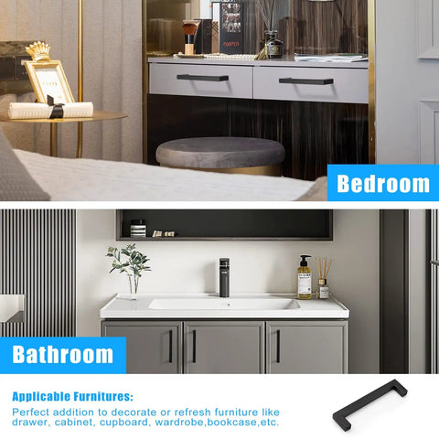 Heavy Duty Matte Black Cabinet Pulls Five Inch Center To Center Square Stainless Steel Handles Thirty Pack on bathroom and bedroom cabinets.