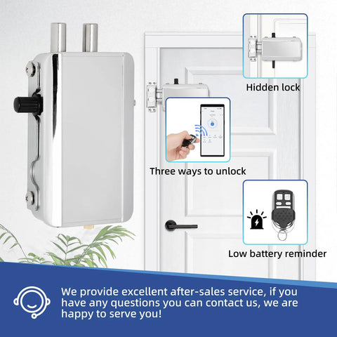 Plug And Play Smart Deadbolt Lock With Four Remote Fobs And Smartphone App For Lightning Fast Keyless Entry on white door showing features.