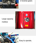 Close-up of 2 Wheel Walking Tractor Power Tiller with gear panel, red mailbox attachment, showing forward and reverse gears.
