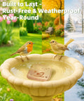 Copper Disk Bird Bath Purifier For Clean Water All Season in bird bath with birds, showing seasonal background changes.