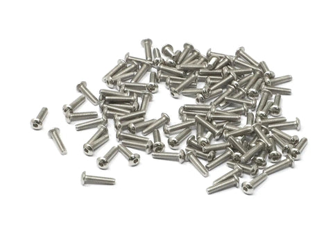 Top Shelf Stainless Steel M2.5 By Ten Millimeter Hex Socket Button Head Cap Screw Bolt Kit spread on white background.