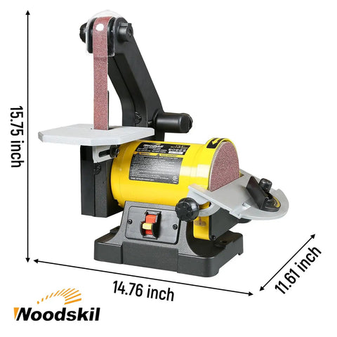Beast Belt And Disc Sander For Woodworking 1x30 Belt And 5 Disc Upgraded Pro Model with dimensions highlighted.