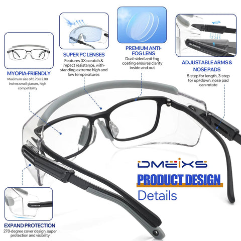 Dual Pack Anti Fog Safety Glasses Built Tough To Slide Snugly Over Your Daily Specs With Adjustable Arms and Premium Anti-Fog Lenses.
