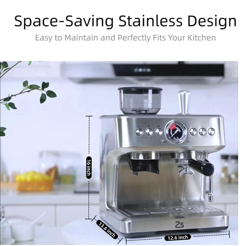 Professional Espresso Machine With Built In Grinder And 20 Bar Pressure Brings Smooth Milk Frothing Power Plus 95 Oz Tank For Creamy Home Lattes And Straight Up Bold Daily Brews In Sleek Silver with dimensions displayed.