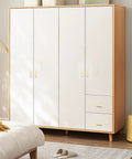 Modern wooden wardrobe with white doors featuring subtle gold handles