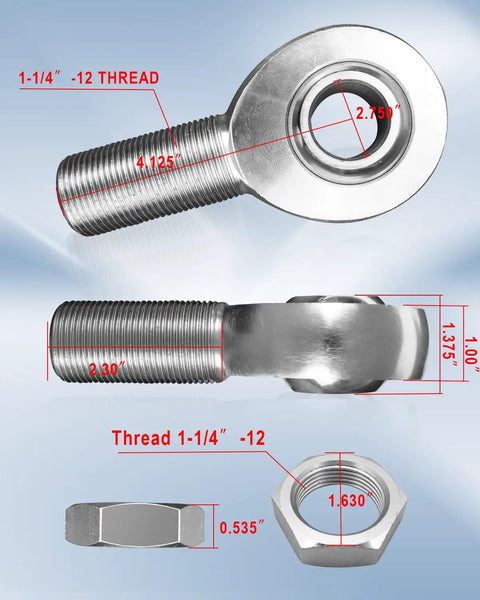 Bombproof Hardened 1.25 Inch Heim Joint Rod End Kit with detailed measurements and threads for drag racing and street rod projects.