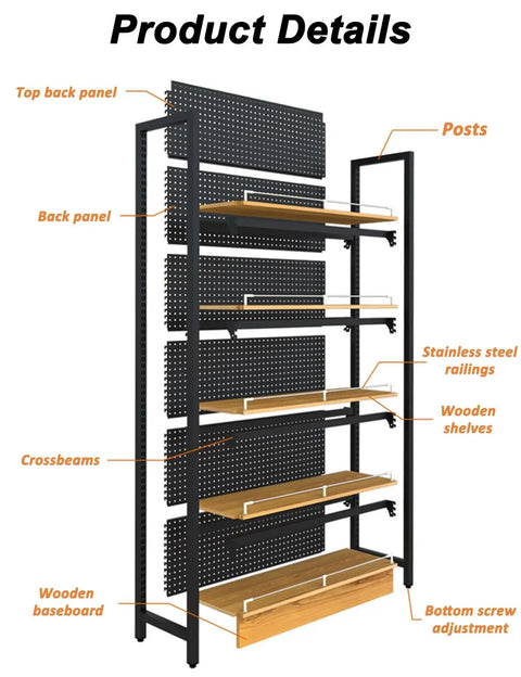 Built Tough Heavy Duty Double Sided Gondola Shelving Unit Commercial Retail Display Rack features pegboard backing and wooden shelves.