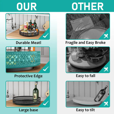 Comparison of 13 Inch Lazy Susan Turntable Heavy Duty Metal Spice Rack Organizer Built Tough As A Rock versus fragile alternatives.