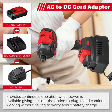 Heavy Duty 20V AC To DC Power Adapter Transforms Your Cordless Gear Right Into Wired Mode For 500 Watts Of Solid Juice, connects to 18V tools.