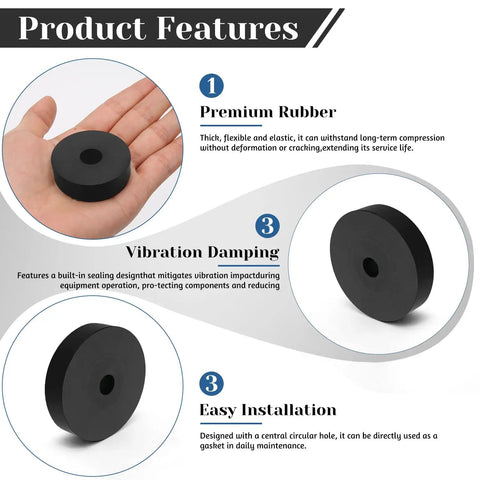Rock Solid Eight Piece Heavy Duty Black Rubber Spacers And Multi Purpose Cushion Washers shown with features highlighting premium rubber and easy installation.