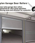 Two Pack Heavy Duty Nylon Garage Door Rollers With Dead Silent Bearing Construction And Rock Smooth Glide Action For No Sweat Track Replacement Jobs In Black displayed with nylon roller in garage door track.