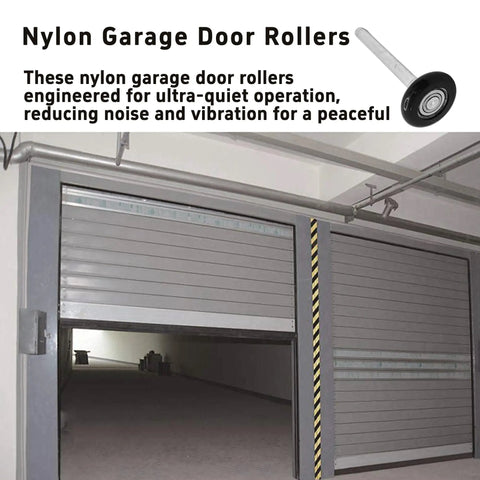 Two Pack Heavy Duty Nylon Garage Door Rollers With Dead Silent Bearing Construction And Rock Smooth Glide Action For No Sweat Track Replacement Jobs In Black displayed with nylon roller in garage door track.