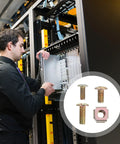 Technician installing equipment using 120 Piece M5 Cage Nut Screw Kit For Server Rack Rails With Anti Rotation Floating Threaded Inserts.