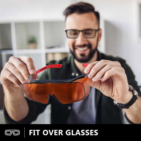 Top Tier Laser Safety Glasses Serving Kick Ass Dual Wavelength Eye Protection For 532 And 1064 Nanometers shown being held by a man.