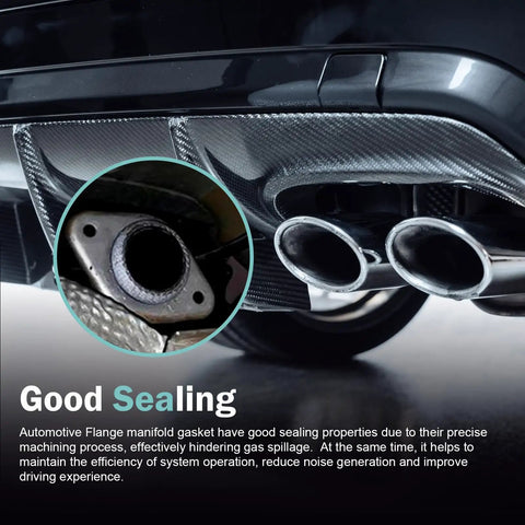 Heavy Duty Exhaust Manifold Gasket Double Pack Rock Solid Zero Leak Seal For Cars Rv Suv Trucks Extreme Heat Resistant Durable Silver Underhood Replacement Part, detailed view of gasket around exhaust pipe.