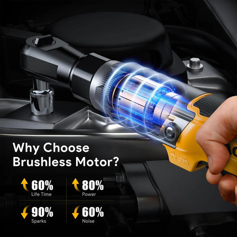 Close-up of Professional 3/8 Cordless Ratchet Wrench With Brushless Motor demonstrating power and efficiency features.