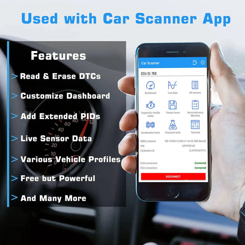 Smartphone displaying car scanner app for Android Only Bluetooth OBD2 Scanner For Cars Plug And Play Wireless Check Engine Codes Reader And Diagnostic Tool Works With Android Phones And Tablets Not For iOS.