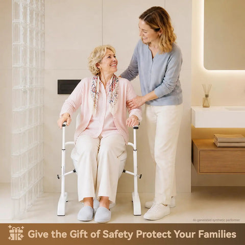 Solid as a Rock Toilet Safety Rails with Heavy Duty Grab Bars for seniors, aiding recovery with durable grab bars in a bathroom.