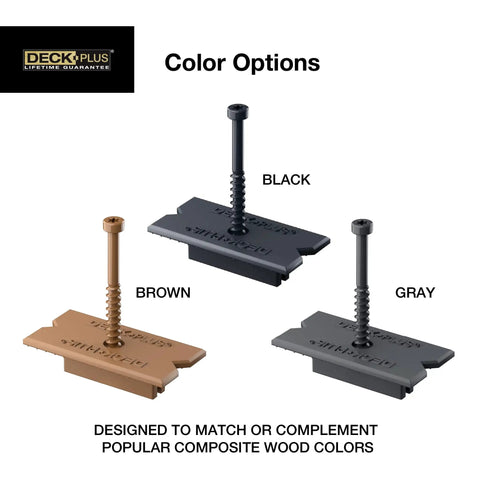 Eclipse Concealed Deck Fasteners Hide Unsightly Screws For A Clean Outdoor Floor Using Industrial Grade Stainless Steel Clip System To Keep Planks Rock Solid And Secure With Zero Stress In Rich Brown Shade Matching Grooved Composite Floors color options with brown, black, and gray clips